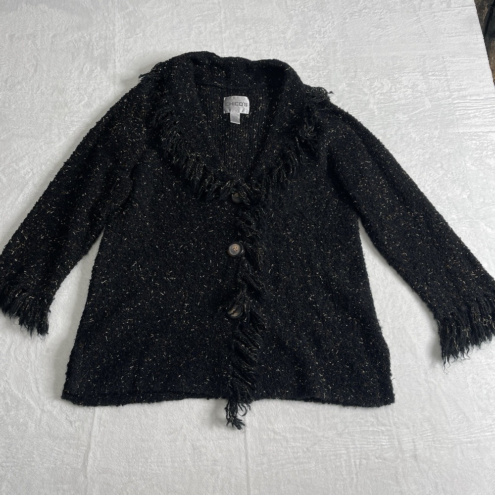 Chicos Cardigan Sweater 2 M Black Fringe  Knit Button Front Made In‎ Hong Kong